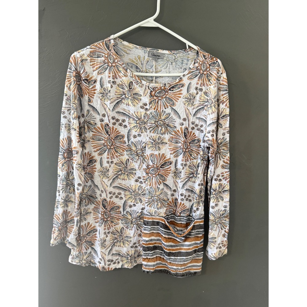 Shana Womens Floral Long Sleeve Top Mixed Print Pocket Boho Mustard Brown XL